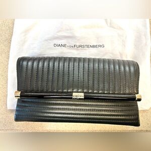 Diane Von Furstenberg Black Quilted Leather Clutch with Gold Accents